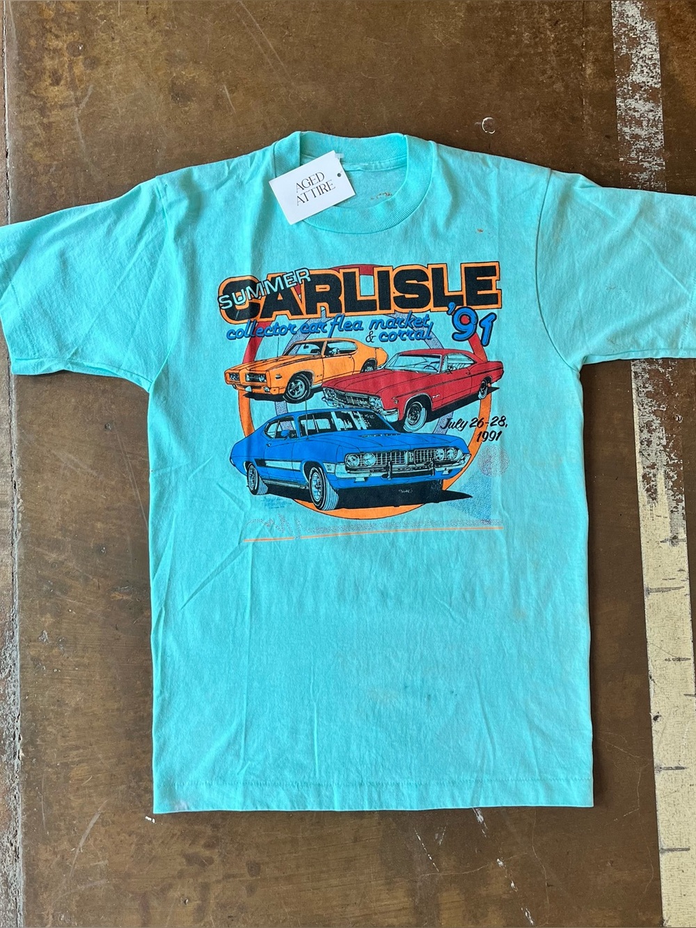 Vintage 1991 Teal Blue Single Stitch Summer Carlisle Colorful Hot Rod Racing Tee